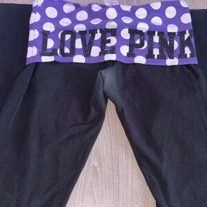 Y2K PINK Victoria's Secret Black Leggings with Purple Polka Dot Waistband